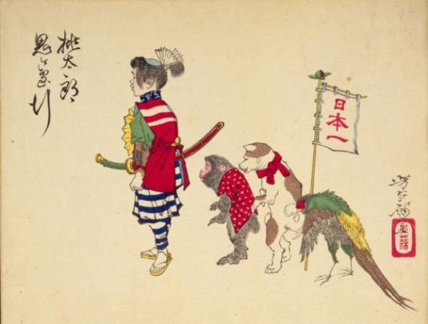 Japanese ukiyo-e print depicting a young boy is walking followed by a monkey, dog and pheasant, who also walk upright.
