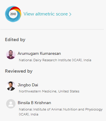 Screenshot of the infamous "Cellular functions of spermatogonial stem cells in relation to JAK/STAT signaling pathway" review (with the glaringly obviously AI-generated figures). 

Shown are the names and profile pictures of the editor and reviewers, as displayed on the Frontiers website. 