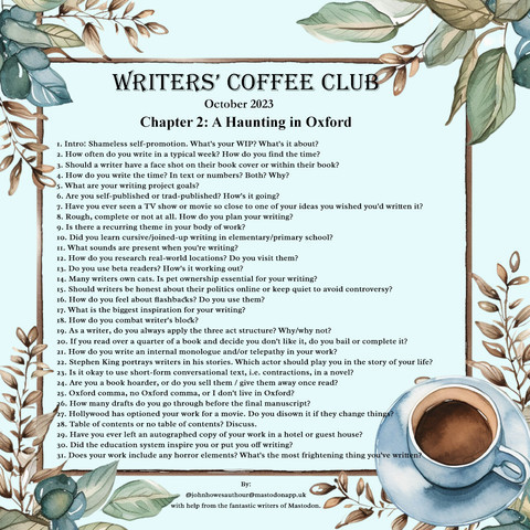 Prompts des Writers Coffee Club in einem Rahmen mit Blättern. Leider ist es zu viel Text, um alle Prompts wiederzugeben.