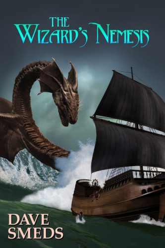 [ALT TEXT: THE WIZARD'S NEMESIS by Dave Smeds]
[ALT DESC: Against a stormy sea, a full rigged sailing galleon is surprised by a dragon rising from the deep. Next to the ship, on the foaming water, may be a figure standing and facing the dragon.]