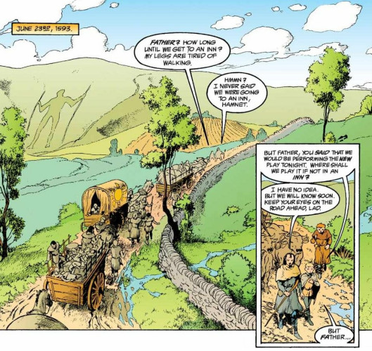 Panels from a comic book. It is labeled June 23rd, 1593. A wagon train of actors travels through chalk hills of England. Two characters have a conversation about performing their new play, and reaching their destination soon.