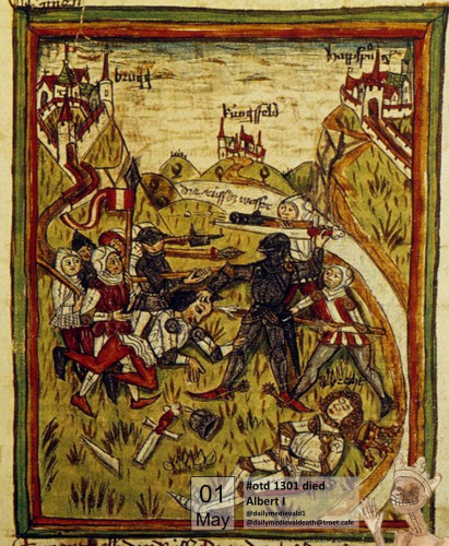 The picture shows a knight in black armour fighting against several opponents, in the foreground the king is lying on the oden, his crown has fallen from his head