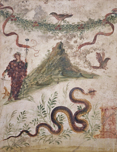 This fresco depicts Bacchus wearing a bunch of grapes with a panther at his feet. Beneath him is a serpent and two birds fly nearby. The mountain in the background is thought to be Mount Vesuvius.