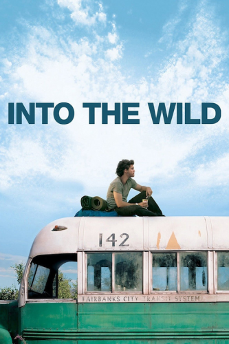 Cover van Into the Wild, van een man die bovenop een groen met witte bus zit.