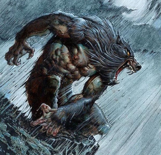 Art of a roaring werewolf crouching on a rock outcropping in the rain