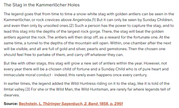German folk tale "The Stag in the Kammerlöcher Holes". Drop me a line if you want a machine-readable transcript!
