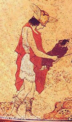 Hermes tenderly holding his baby brother Dionysos. He is delivering him to Silenos (not shown). The baby is wrapped in purple swaddling clothes while Hermes is dressed in a short white chiton and a bright red cloak. Both his boots and hat sprout wings. He is looking lovingly at the child in his arms.