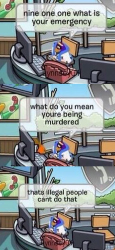 A three panel comic created from screenshots from Club Penguin each panel has the same penguin sitting at a desk with only the text changing

Panel 1: "Nine one one what is your emergency"
Panel 2: "what do you mean youre being murdered"
Panel 3: "thats illegal people cant do that"