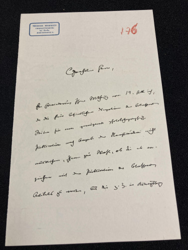 Handwritten letter on white paper with blue letterhead at the top left corner reading "Theodor Mommsen" and a red "176" stamp in the top right corner. Text is in German.