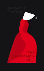 The cover for The Handmaid's Tale - a stark, almost papercut image of a handmaid in red dress with the white bonnet. 