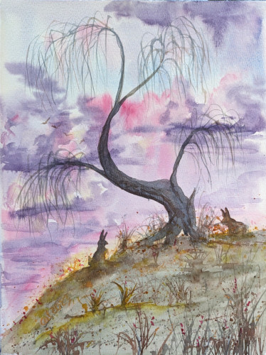 A watercolour painting of a twisted tree on a hill, against a pink an purple sky. There is a pair of rabbits sitting under the tree looking at each other.