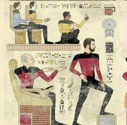 A picture of the crew of star trek the next generation as classical Egyptian drawings with hieroglyphs.