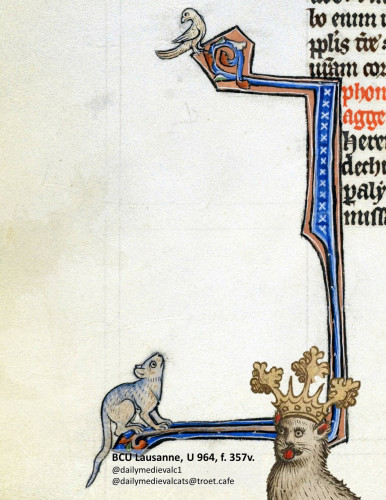 Picture from a medieval manuscript: A cat watching a bird.