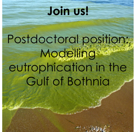 Text "Join us! Postdoctorla position: Modelling eutrophication in the Gulf of Bothnia". Background is a beach with green (eutrophic) water lapping at the shore.