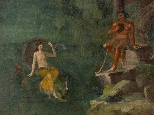 Detail from the Galatea and Polyphemus fresco from from the imperial villa at Boscotrecase. The photo has been edited to reveal more details. Galatea sits apart from Polyphemus who seems to be playing pan pipes.