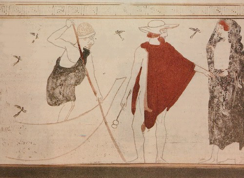 Charon, the ferryman, prepares to ferry a soul across the Acheron to Hades. He wears a black exomis and a hat. In one hand he holds an oar, and with the other he steadies himself on the stern of his boat. On the right is Hermes in a red chlamys cloak holding his iconic kerykeion staff as he brings the ferryman's passenger, a woman with red hair wearing a black himation. Around them are tiny black winged creatures.