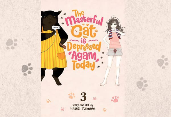 Cover art showing a man sized black cat in a yellow apron and his human who is dressed in shorts and a tank top