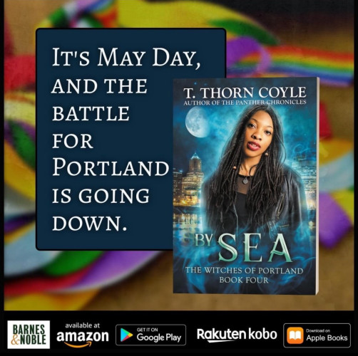It’s May Day and the battle for Portland is going down.

Blurred image of Maypole ribbons. A book—By Sea—with a Black woman in locs and leather jacket on the cover.