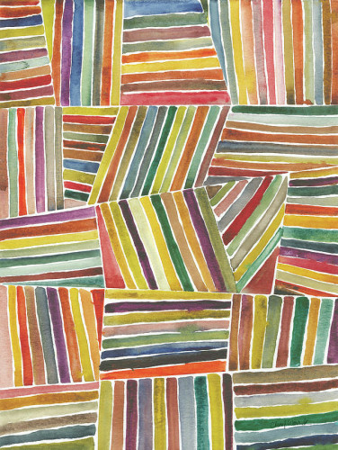 A abstract watercolor painting with thin stripes of color arranged in off center squares and rectangles.