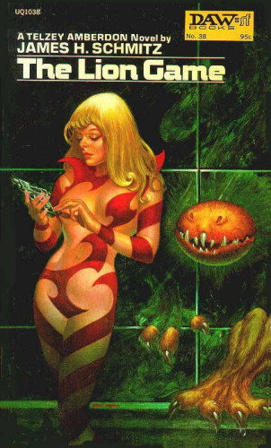 Cover of James Schmitz's "The Lion Game". Telzey Amberdon is wearing some scant bright red body paint, looking at her communicator. A fierce beast is behind her. 