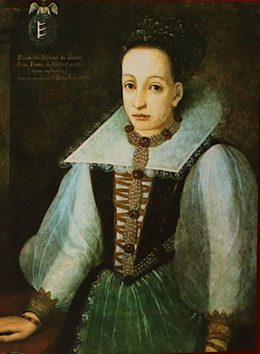 A painted portrait of Elizabeth Bathory. She looks straight out at the viewer. She wears an elaborate velvet looking gown and a giant stiff lace collar. 