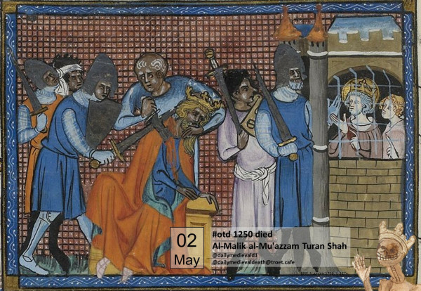 A crowned person is stabbed once from behind and once from the side. On the right, the captured Louis IX.