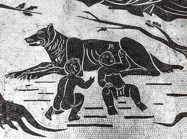 Section of a black and white mosaic. The she-wolf is lying down but alert while the two infants sit and crouch beside her. This section is from a larger mosaic now in Roma Stazione Ostiense.