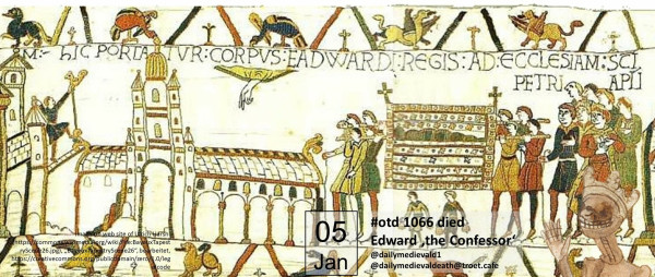 The image shows scene 26 from the Bayeux Tapestry. On the left you can see a church - Westminster Abbey. On the right a group of people carrying a coffin to this church. Above the inscription: HIC PORTATUR CORPUS EADWARDI REGIS AD ECCLESIAM S[AN]C[T]I PETRI AP[OSTO]LI (=Here the body of King Edward is carried to the Church of Saint Peter the Apostle).