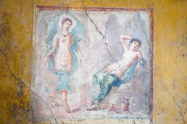 Fresco of Selene in the nude with her signature billowing cloak approaching a sleeping Endymion who is also in the nude. He holds a shepherd's crook and a dog is lying at his feet. Both Selene and Endymion wear shoes and a himation cloak as their only items of clothing.
