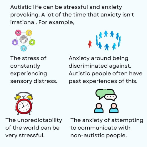 Autistic life can be stressful and anxiety provoking. A lot of the time that anxiety isn't irrational. For example, [symbols of the five senses around an outline drawing of a head] The stress of constantly experiencing sensory distress [a lone red stick figure next to a circle of blue stick figures] Anxiety around being discriminated against. Autistic people often have past experience of this [cartoon of an old-fashioned alarm clock with bells] The unpredictability of the world can be very stressful. [Two heads with speech bubbles, one green, one with dots in] The anxiety of attempting to communicate with non-autistic people