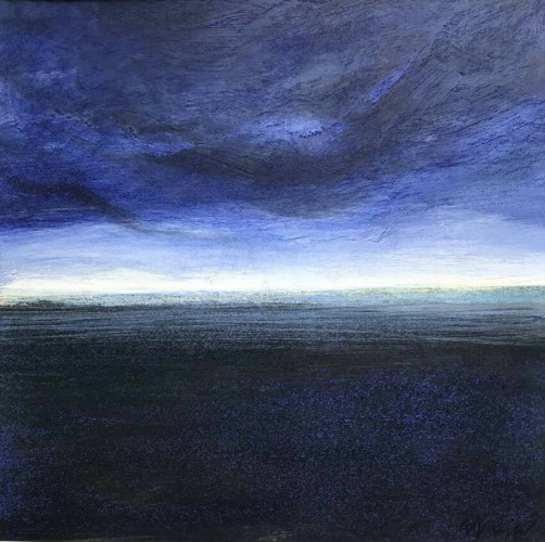 Painting of evening with a flat, dark landscape, light along the horizon and deep blue wispy clouds above.