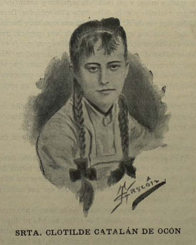 Magazine illustration of Clotilde Catalán de Ocón y Gayolá as a young girl. Dark hair in two plaits tied with bows, short fringe, pale dress, looking directly out of picture with slight smile