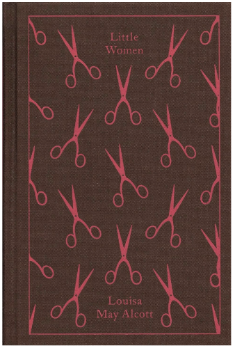The cover of Little Women. It has a dark brown background, and then pink scissors repeated in a pattern all over. The scissors are open, like they're all coming to get you.