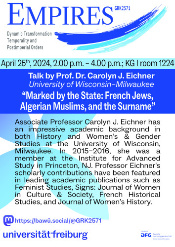 April 25th, 2024, 2.00 p.m. – 4.00 p.m.; KG I room 1224 

Talk by Prof. Dr. Carolyn J. Eichner
University of Wisconsin–Milwaukee

Associate Professor Carolyn J. Eichner has an impressive academic background in both History and Women’s & Gender Studies at the University of Wisconsin, Milwaukee. In 2015–2016, she was a member at the Institute for Advanced Study in Princeton, NJ. Professor Eichner's scholarly contributions have been featured in leading academic publications such as Feminist Studies, Signs: Journal of Women in Culture & Society, French Historical Studies, and Journal of Women’s History.

https://bawü.social/@GRK2571

universität-freiburg

funded by DFG

