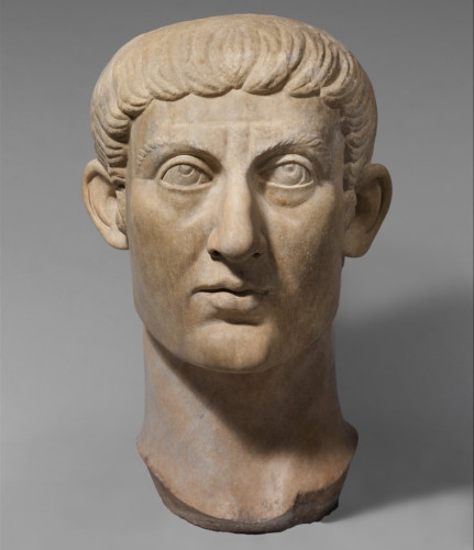 Description from the museum: “The long face, neatly arranged hairstyle, and the clean-shaven appearance of this portrait head are a deliberate attempt to evoke memories of earlier rulers such as Trajan, who in the later third and fourth centuries was seen as an ideal example of a Roman emperor. Certainly, by the time that the head was set up, as part of either a bust or, more probably, an over life-sized statue, Constantine had adopted an official image that was intended to set him apart from his immediate predecessors.”