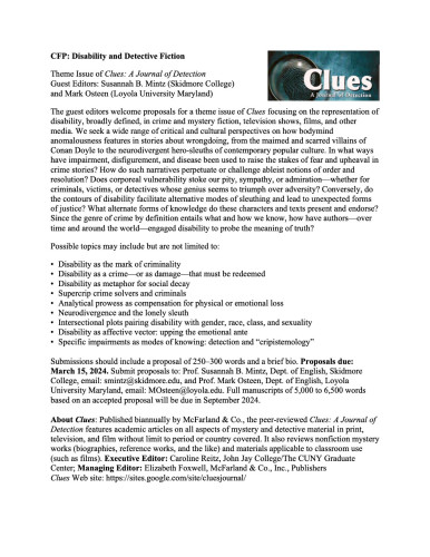 Call for Papers for Clues: A Journal of Detection: "Disability & Detective Fiction" (proposal deadline: 15 March 2024)