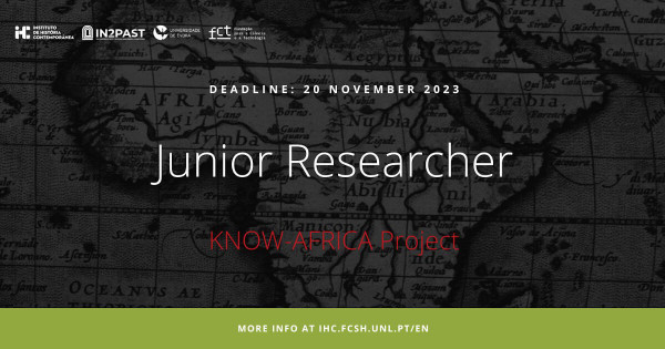 Poster illustrating the call for applications for a Junior Researcher contract within the project Know Africa – Knowledge networks in 19th century Africa. Deadline: 20 November 2023. The background image of the poster is an ancient map of Africa.