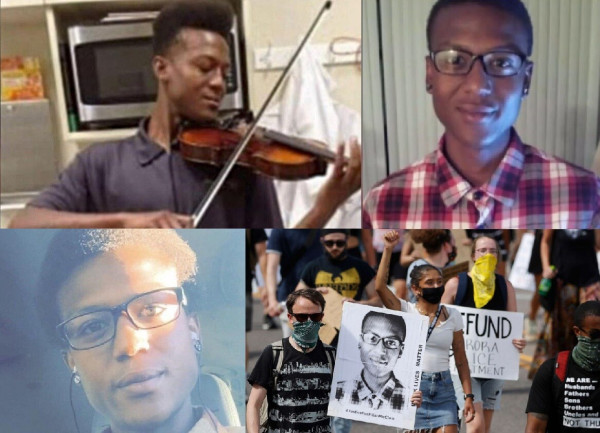 Image of a collage of four photos. 
In the top left Elijah McClain is playing the violin wearing a dark blue shirt. He was known to spend his lunch break at a nearby shelter playing his violin for "lonely kittens.

Top right: Elijah with a subtle smile, wearing his glasses and a blue, white and red checkered shirt.

Bottom left: Elijah close up wearing glasses and earbuds as he's looking thoughtfully.

Bottom right: A photograph of protesters carrying signs and shaking their fists in the air, demanding  "JUSTICE FOR ELIJAH MCCLAIN". 
