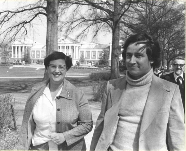 Black and white image of Jean Sammet, Michael Brodie and Edgar H. Sibley on the campus of the University of Maryland. Photo by Ben Shneiderman, donated to CBI.