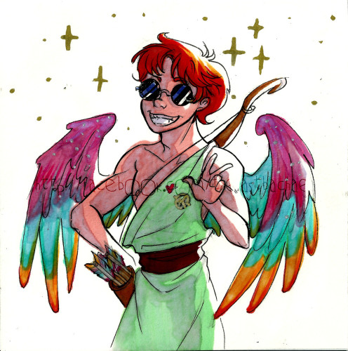 A drawing of the god Eros by my friends, the creators of the comic The Last Bacchae. He has red hair and makes a V-sign. He is wearing a mint green chiton and sunglasses, a bow around his shoulders and a quiver with colourful arrows around his hips. His wings are pink, turquoise, and orange.
