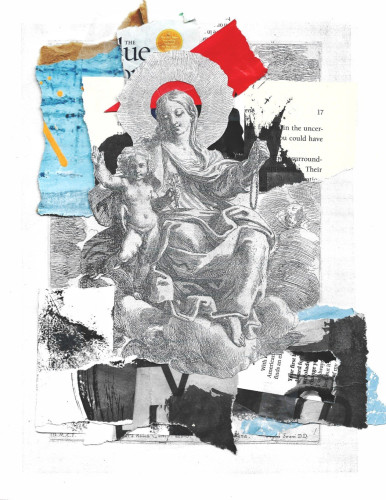 a collage of torn paper featuring an etching of a woman with a small child