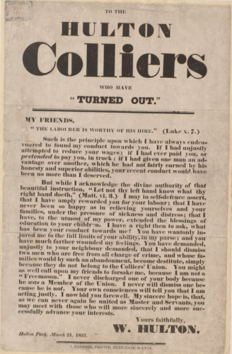 Image is of a flier to the miners from the boss: 'To The Hulton Colliers who have "Turned Out."' By Unknown author - Lancashire Archives, Preston, England, reference DDHU, Public Domain, https://commons.wikimedia.org/w/index.php?curid=40880567
