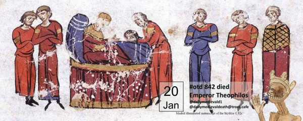 The picture shows a group of people around the emperor's deathbed. One person shows the emperor a severed head.
