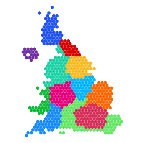A hex cartogram of UK constituencies following the boundary reviews of 2023.