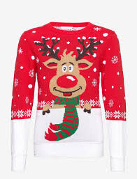 Red and white Christmas jumper with a red-nosed reindeer wearing a green and red scarf.