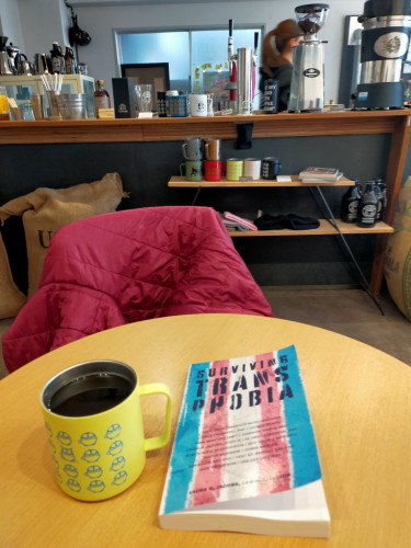 The photo is of a round yellow table in a coffeeshop. The book has a vertical Trans Rights flag turquoise pink white pink turquoise. To its left is a yellow metal coffee mug of black coffee with a series of blue bicycle gears in a coffee mug, Bicycle Coffee's logo. A pink puffy winter jacket is draped on a chair in the distance. Further in the distance is a counter with mugs, tumblers, hats & coffee house paraphernalia. A Japanese woman barista with a ponytail can be seen in the distance with her face ethically occluded