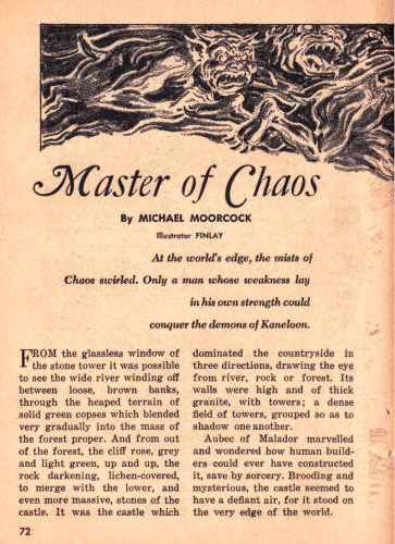 The left side of a double page title spread. A row of demons rush to the right.

Master of Chaos
By Michael Moorcock
Illustrator  FINLAY 

"At the world's edge, the mists of Chaos swirled. Only a man whose weakness lay in his own strength could conquer the demons of Kaneloon."