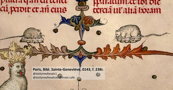 Picture from a medieval manuscript: A fat cat lies in wait for a mouse.