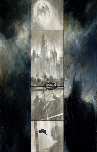 A comic book page depicting a gloomy cityscape with a bat signal in the sky, and a subsequent panel showing a character in a cape apologizing for being late due to an out-of-town problem.