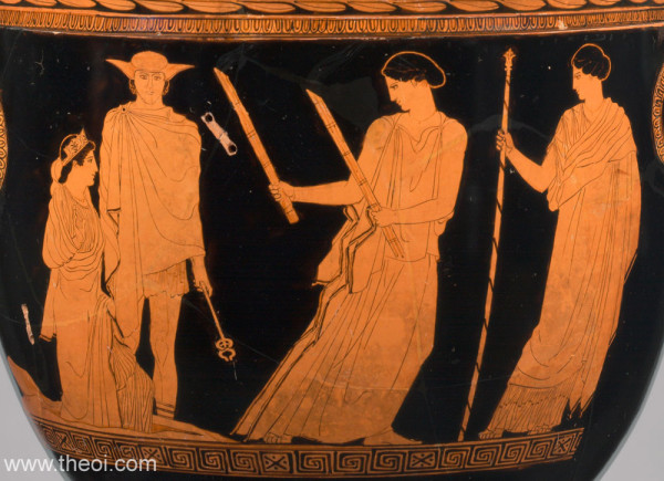Red-figure vase painting of Persephone rising from the underworld, accompanied by Hermes. Hekate, holding two torches, and Demeter welcome her.